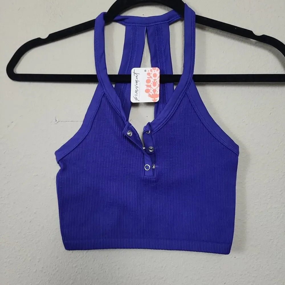 Free people Womens Blue Henley Neck Sleeveless Cropped Tank Top Size XS